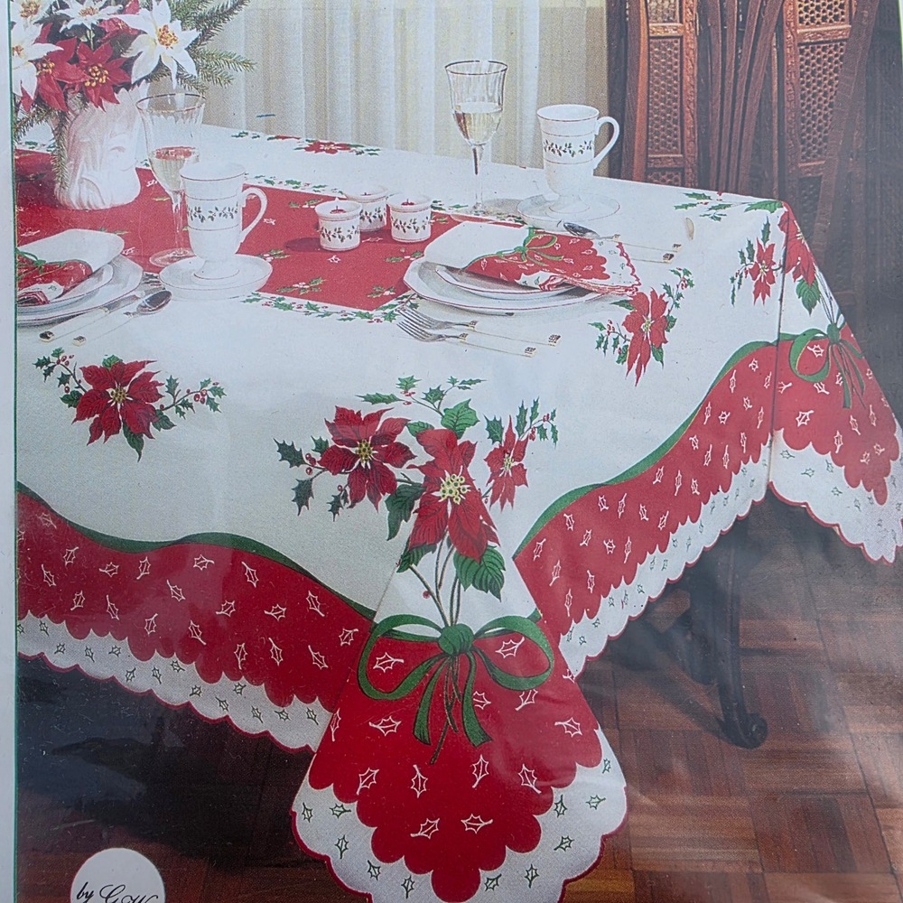 Vintage Christmas Cheer Tablecloth 52x70 Oblong White Red Poinsettia Holiday NIP